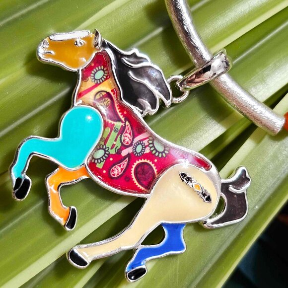 Artisan Hand Crafted Necklace Painted Horses Brown Suede Cord Colorful Beaded - Picture 7 of 12